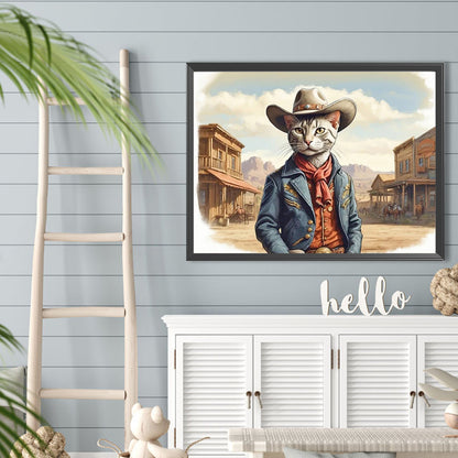 Handsome Western Cowboy Kitten - Full Round Drill Diamond Painting 40*30CM