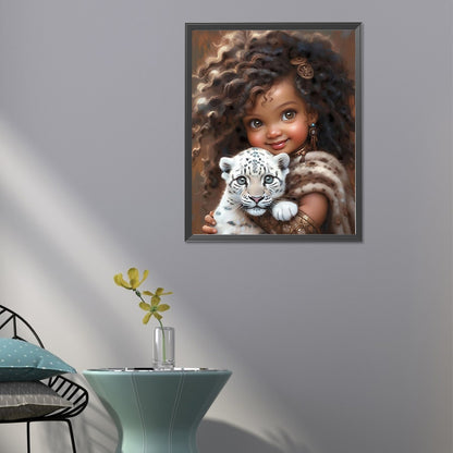 Girl Holding Tiger Cub - Full Round Drill Diamond Painting 40*50CM