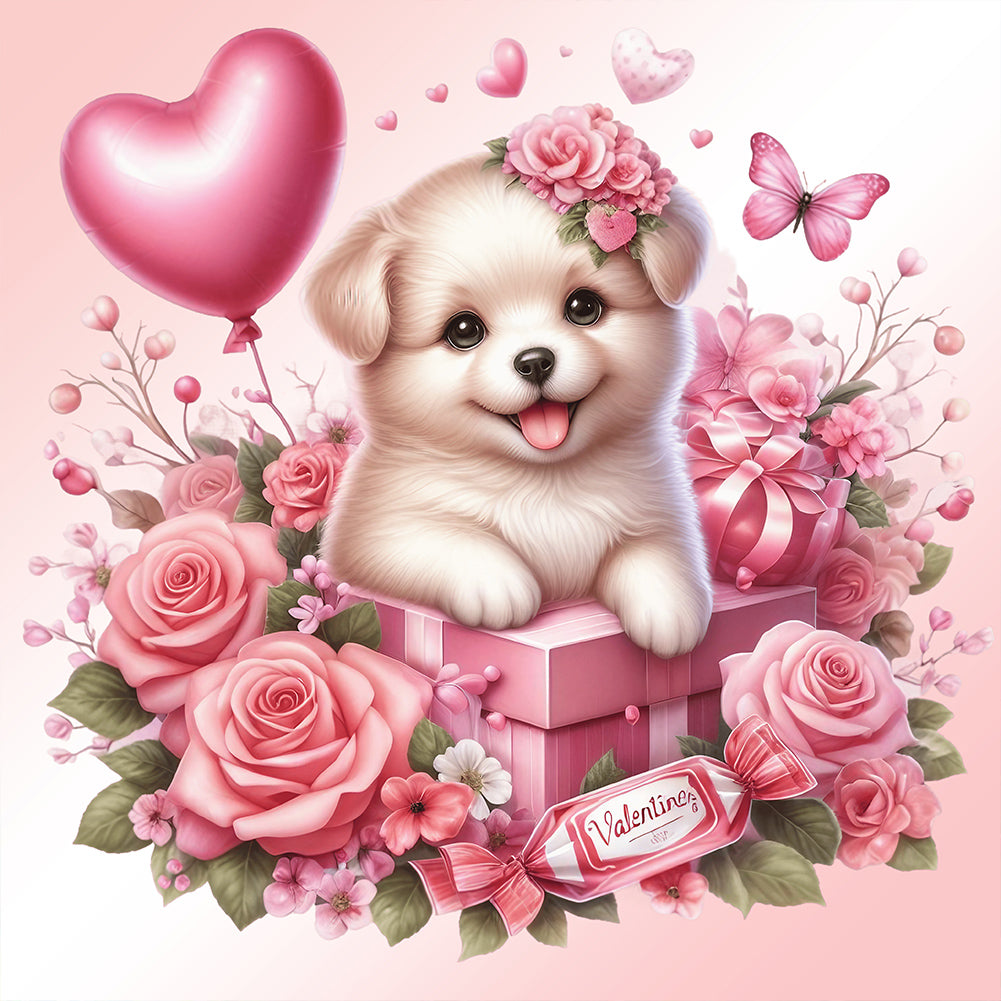 Love Rose Puppy - Full Round Drill Diamond Painting 30*30CM
