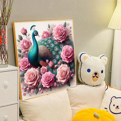 Pink Rose Peacock - Full Round Drill Diamond Painting 40*40CM