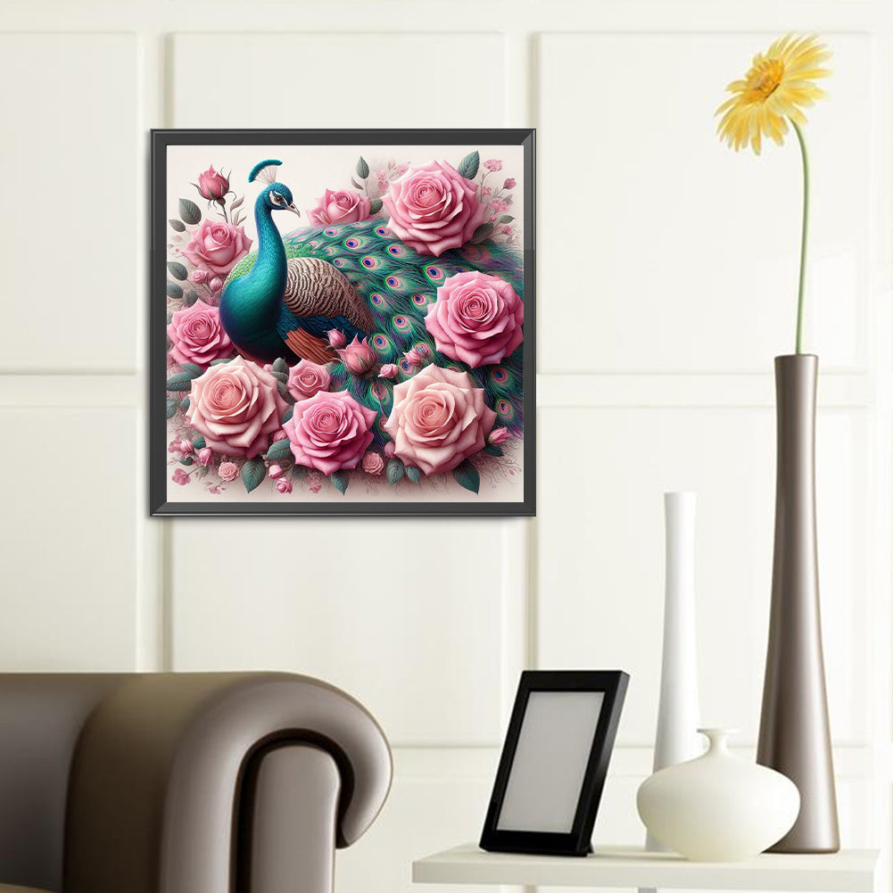 Pink Rose Peacock - Full Round Drill Diamond Painting 40*40CM