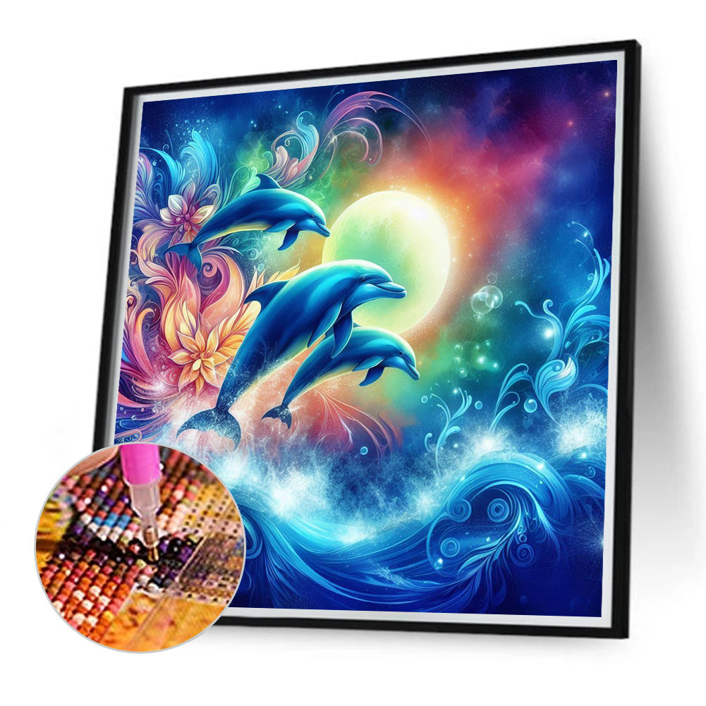 Dolphin Under The Moon - Full Round Drill Diamond Painting 40*40CM