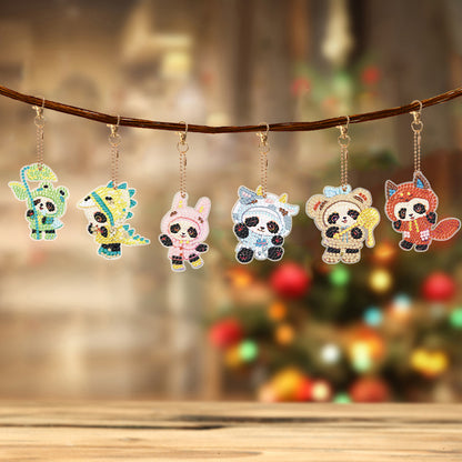 6 PCS Double Sided Special Shape Diamond Painting Keychain for Beginners (Panda)