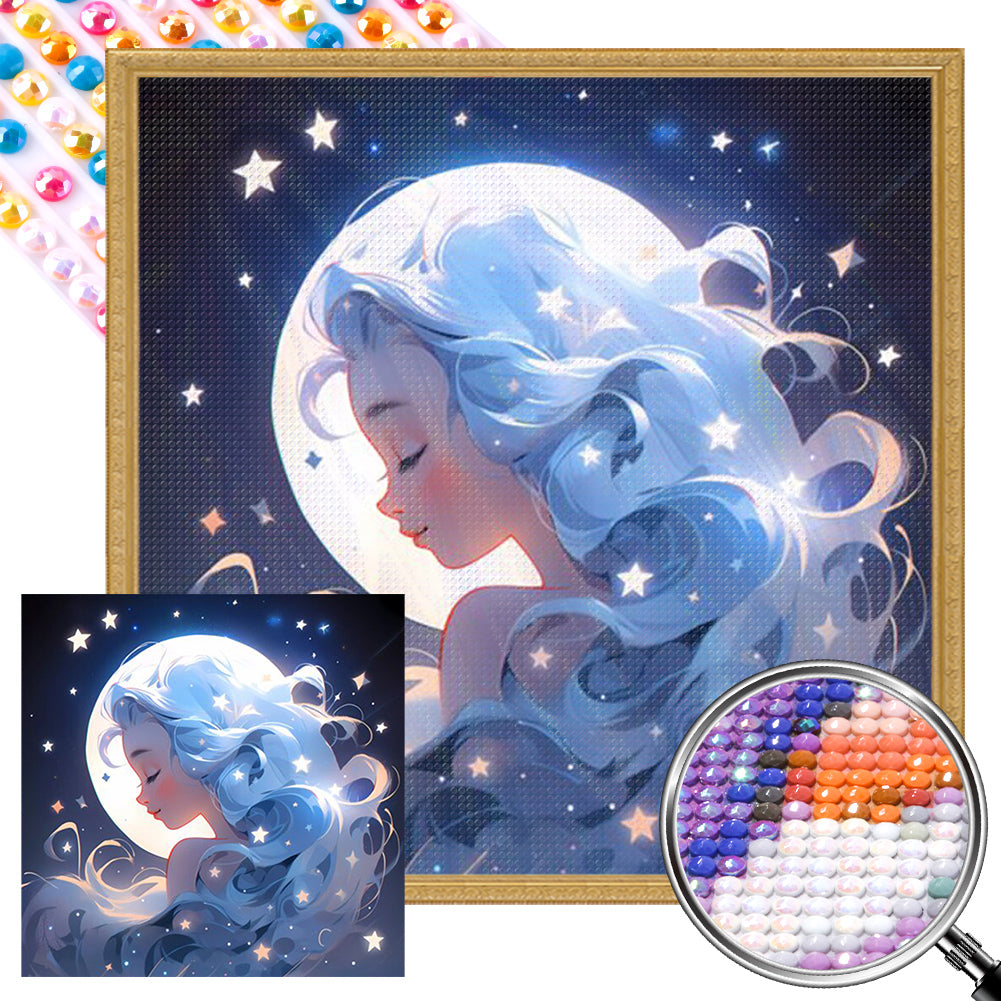 Stars, Moon And Silver-Haired Girl - Full AB Round Drill Diamond Painting 40*40CM