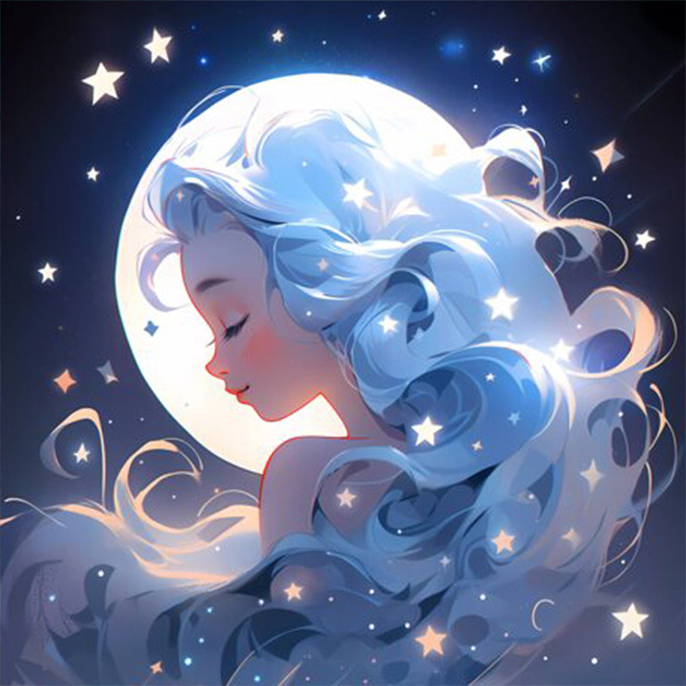 Stars, Moon And Silver-Haired Girl - Full AB Round Drill Diamond Painting 40*40CM