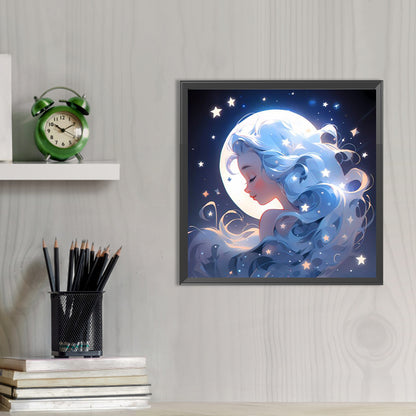 Stars, Moon And Silver-Haired Girl - Full AB Round Drill Diamond Painting 40*40CM