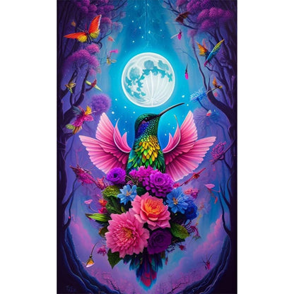 Hummingbird And Flowers Under Moon - Full AB Round Drill Diamond Painting 40*65CM