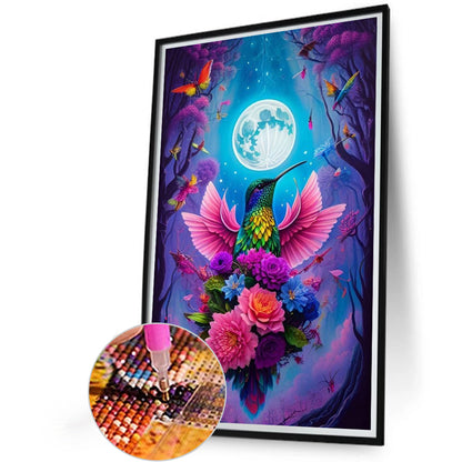 Hummingbird And Flowers Under Moon - Full AB Round Drill Diamond Painting 40*65CM