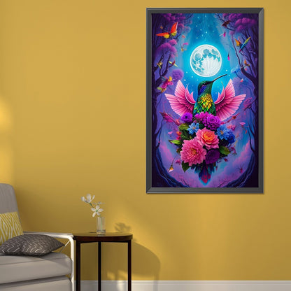 Hummingbird And Flowers Under Moon - Full AB Round Drill Diamond Painting 40*65CM