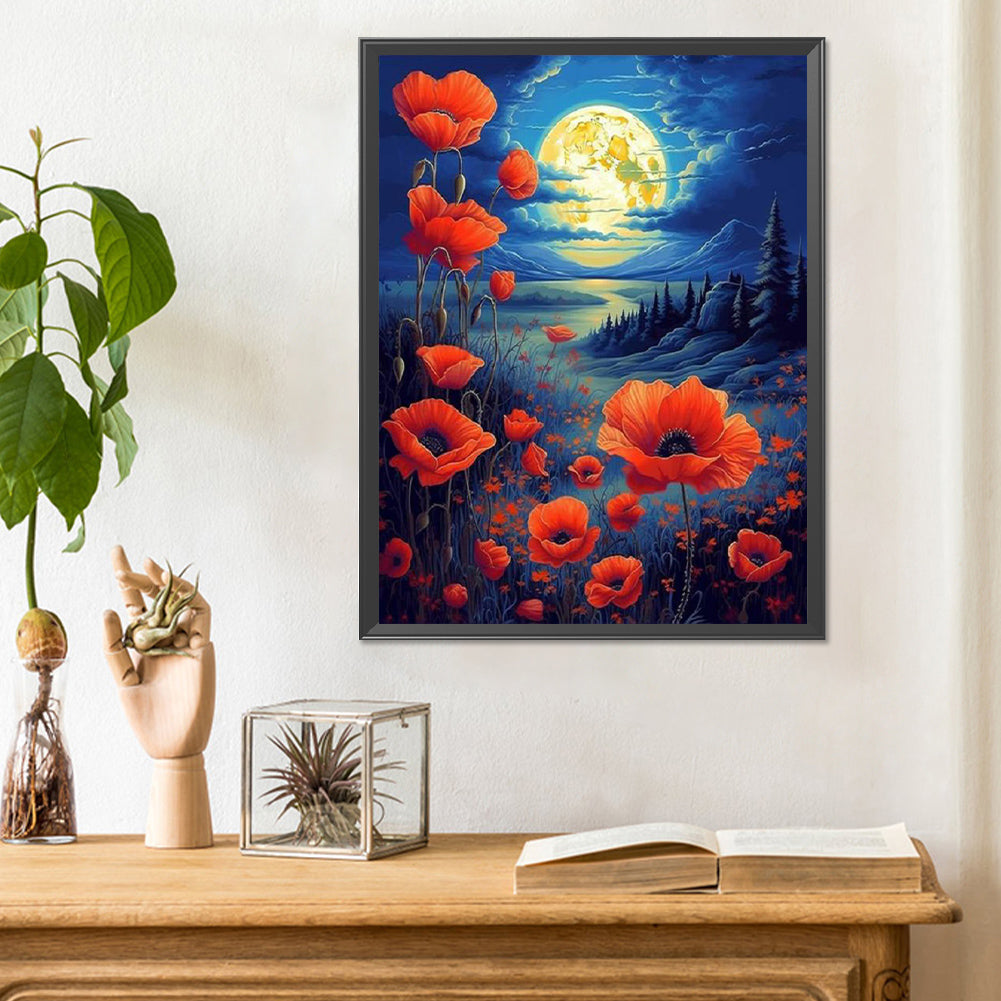 Poppies Under The Moonlight - Full Round Drill Diamond Painting 30*40CM