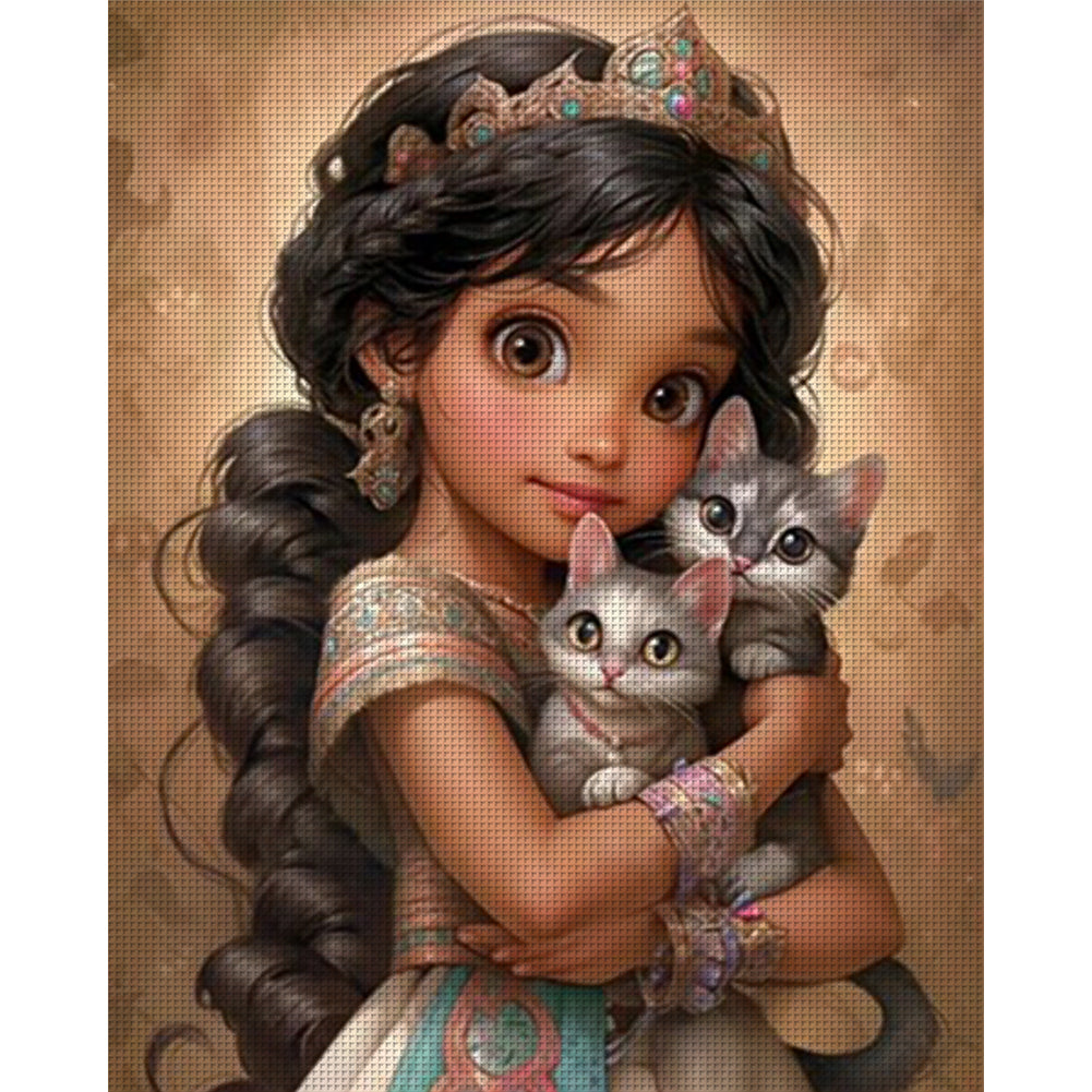 Little Brunette Girl And Kitten - 11CT Stamped Cross Stitch 40*50CM