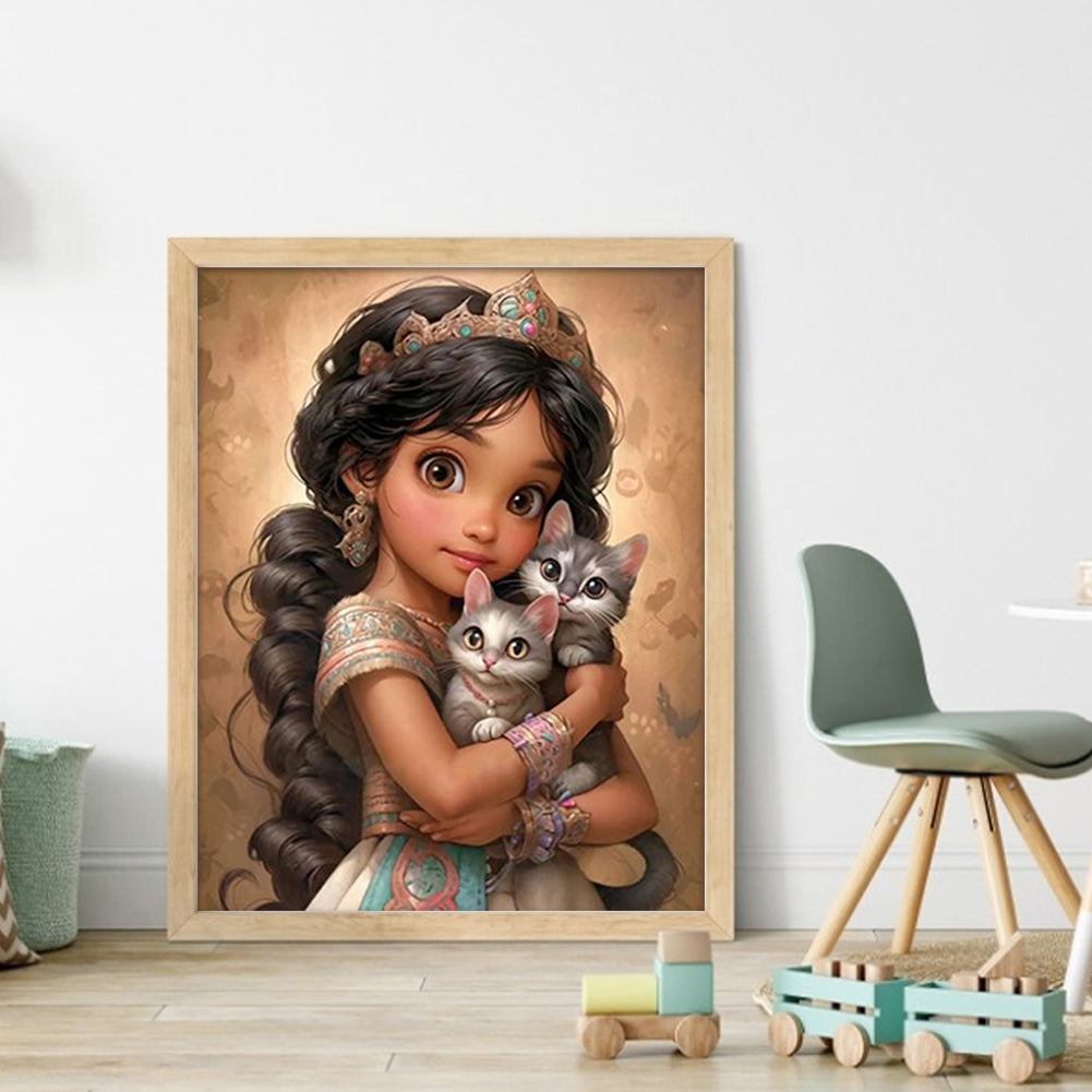 Little Brunette Girl And Kitten - 11CT Stamped Cross Stitch 40*50CM