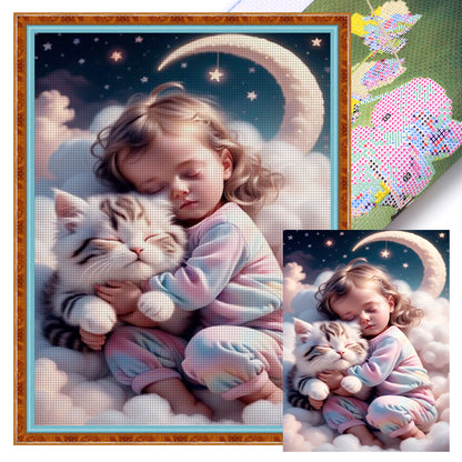 Little Girl And Kitten On The Clouds - 11CT Stamped Cross Stitch 40*55CM