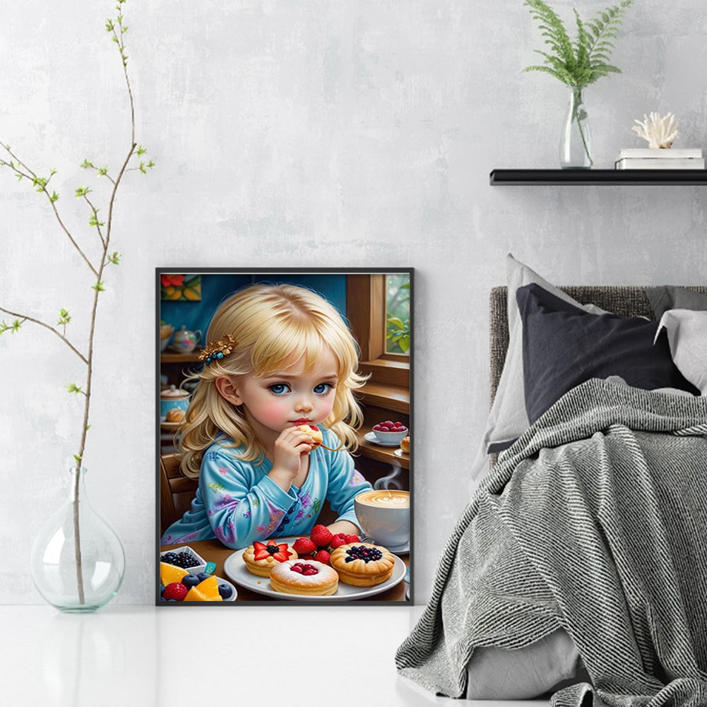 Blonde Little Girl Eating Breakfast - 11CT Stamped Cross Stitch 40*55CM