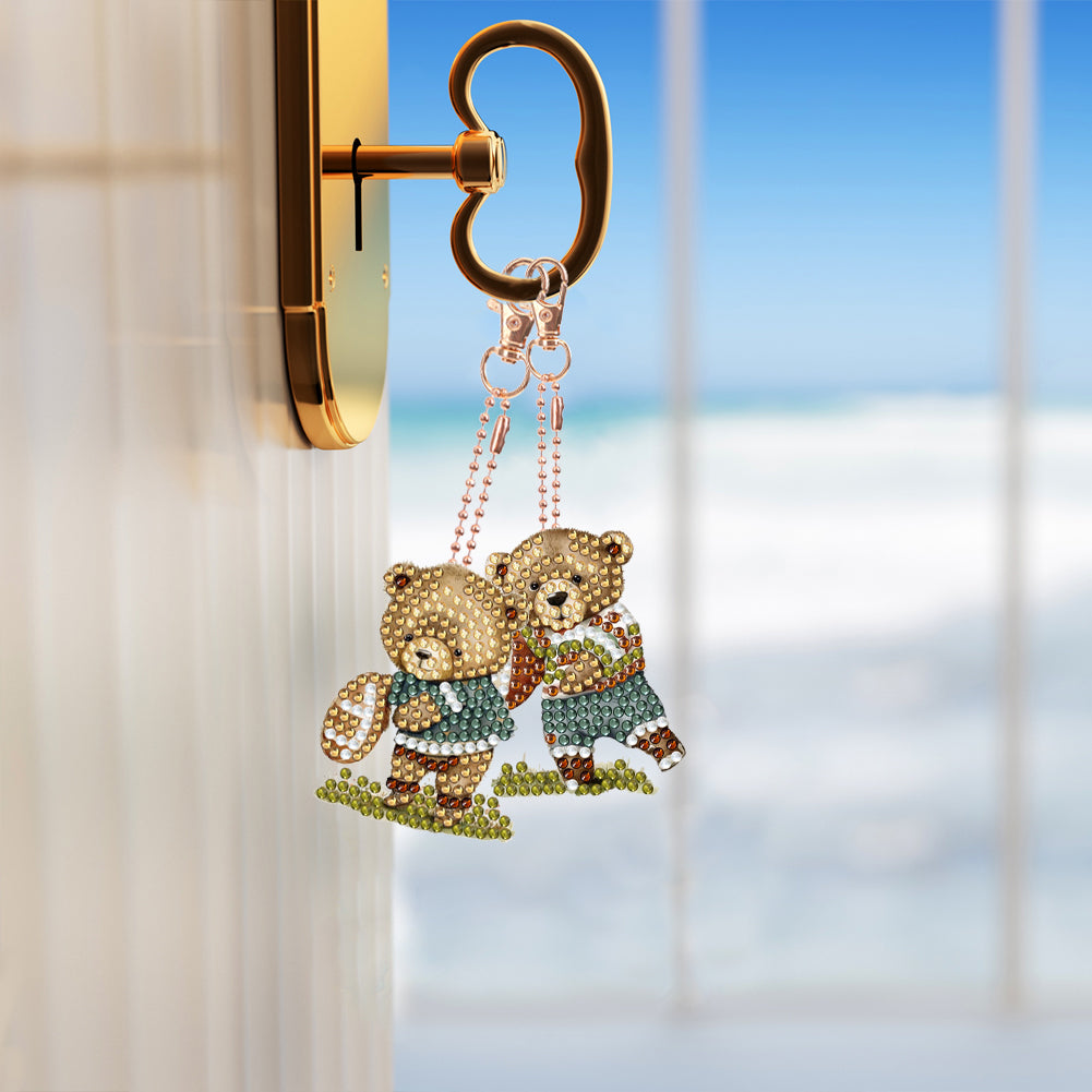 6 Pcs Double Sided Special Shape Cute Bear Rhinestone Diamond Painting Keychain