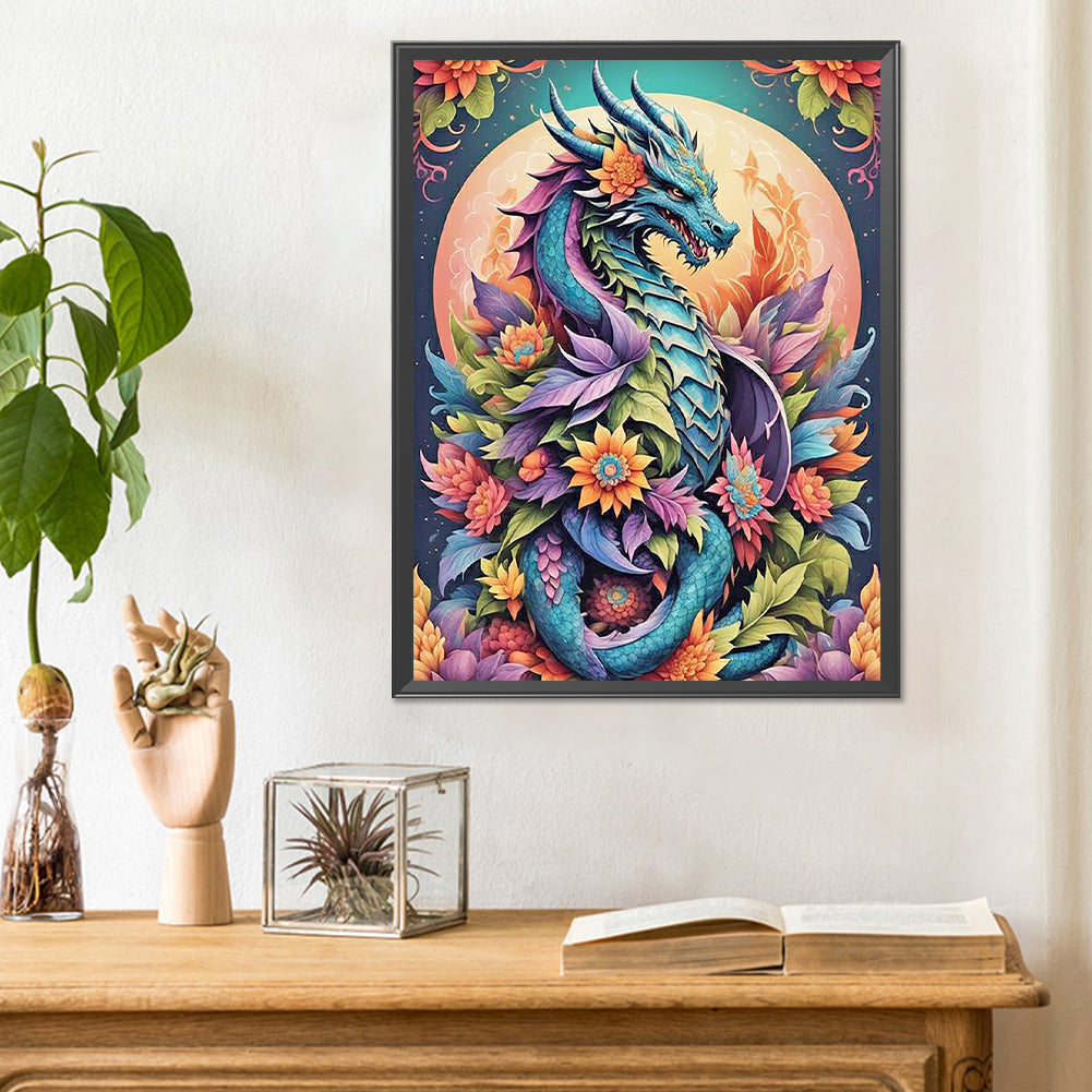 Dragon Among Flowers Under The Moon - Full Round Drill Diamond Painting 30*40CM