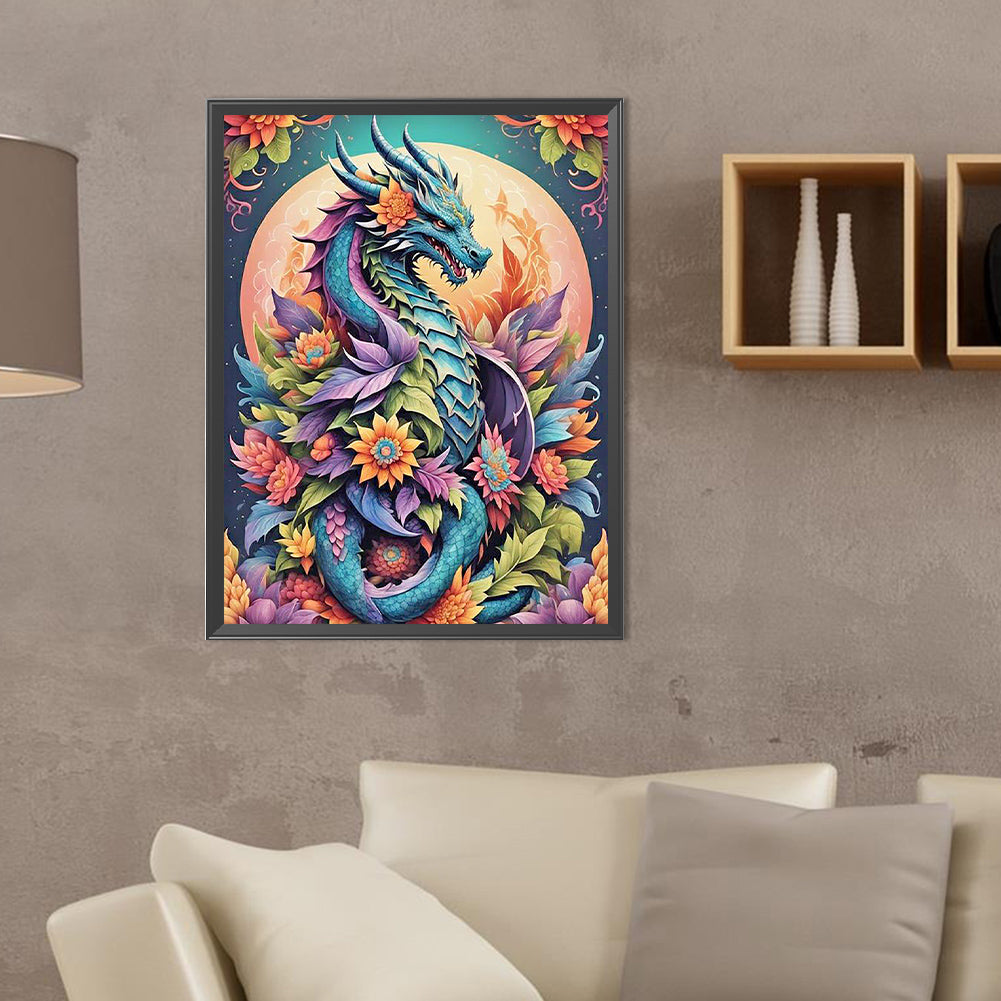 Dragon Among Flowers Under The Moon - Full Round Drill Diamond Painting 30*40CM