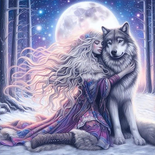 Wolf And Woman - Full Round Drill Diamond Painting 50*50CM