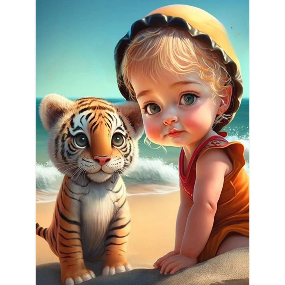 Girl And Little Lion At The Beach - Full Round Drill Diamond Painting 30*40CM