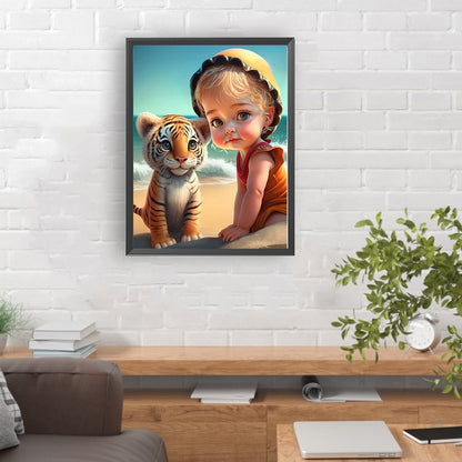 Girl And Little Lion At The Beach - Full Round Drill Diamond Painting 30*40CM