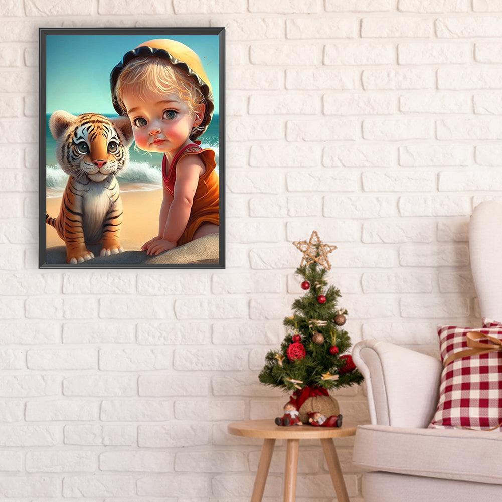 Girl And Little Lion At The Beach - Full Round Drill Diamond Painting 30*40CM