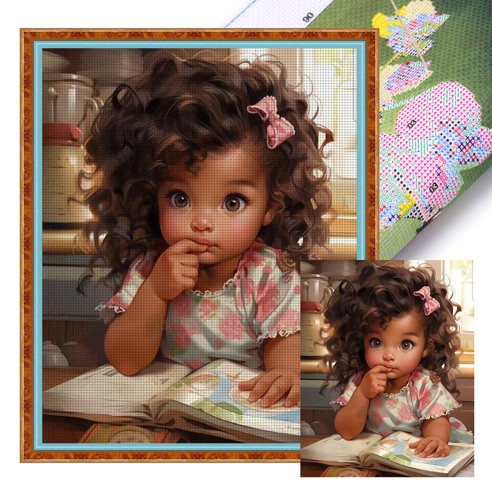 Girl With Big Eyes And Curly Hair - 11CT Stamped Cross Stitch 40*50CM