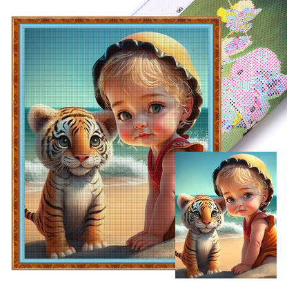 Girl And Cute Tiger - 11CT Stamped Cross Stitch 40*50CM