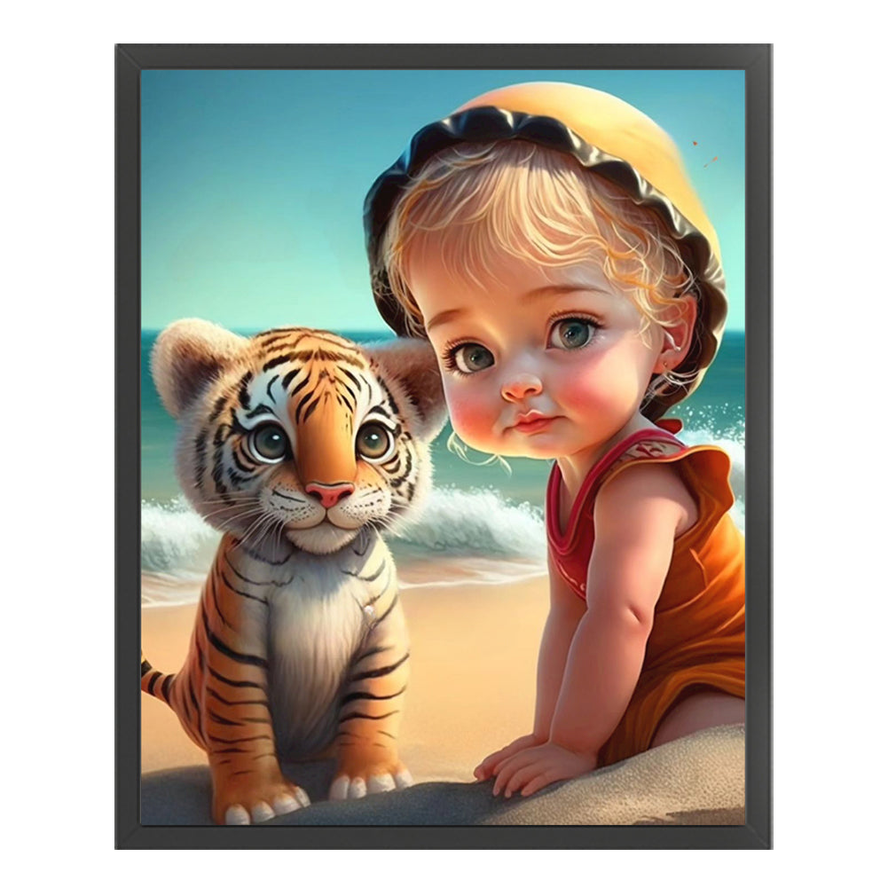 Girl And Cute Tiger - 11CT Stamped Cross Stitch 40*50CM