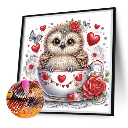 Heart And Little Owl In Coffee Cup - Special Shaped Drill Diamond Painting 30*30CM