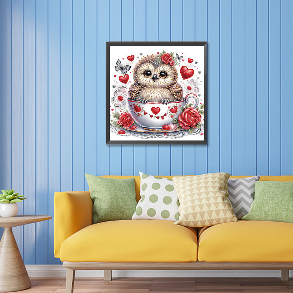 Heart And Little Owl In Coffee Cup - Special Shaped Drill Diamond Painting 30*30CM