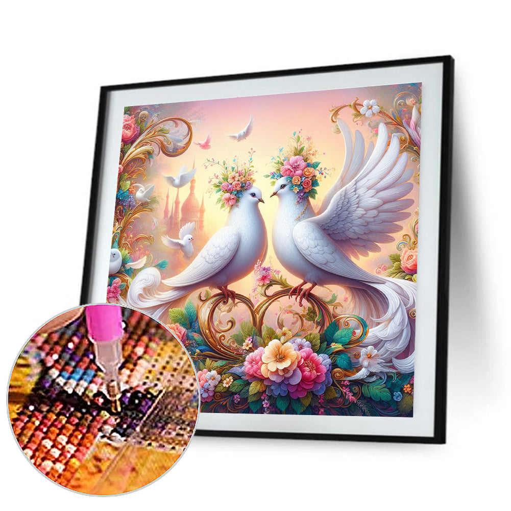 White Dove On Flower - Full Round Drill Diamond Painting 30*30CM