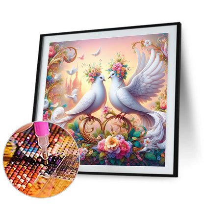 White Dove On Flower - Full Round Drill Diamond Painting 30*30CM