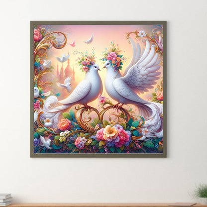 White Dove On Flower - Full Round Drill Diamond Painting 30*30CM