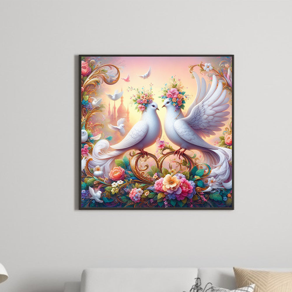 White Dove On Flower - Full Round Drill Diamond Painting 30*30CM