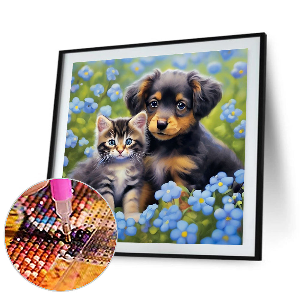 Cat And Dog In Flowers - Full Round Drill Diamond Painting 30*30CM