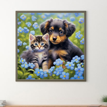 Cat And Dog In Flowers - Full Round Drill Diamond Painting 30*30CM
