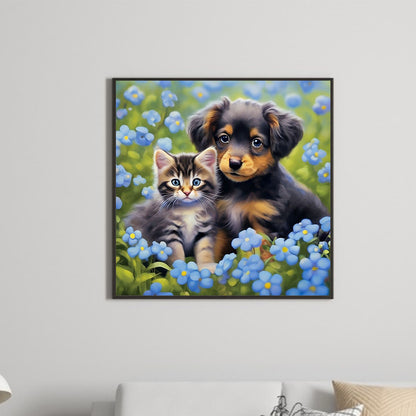 Cat And Dog In Flowers - Full Round Drill Diamond Painting 30*30CM
