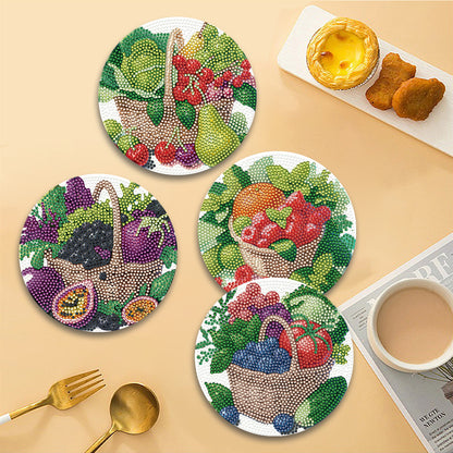 4 Pcs Diamond Painting Coasters Kit with Holder for Dining Tables Decor (Fruit)