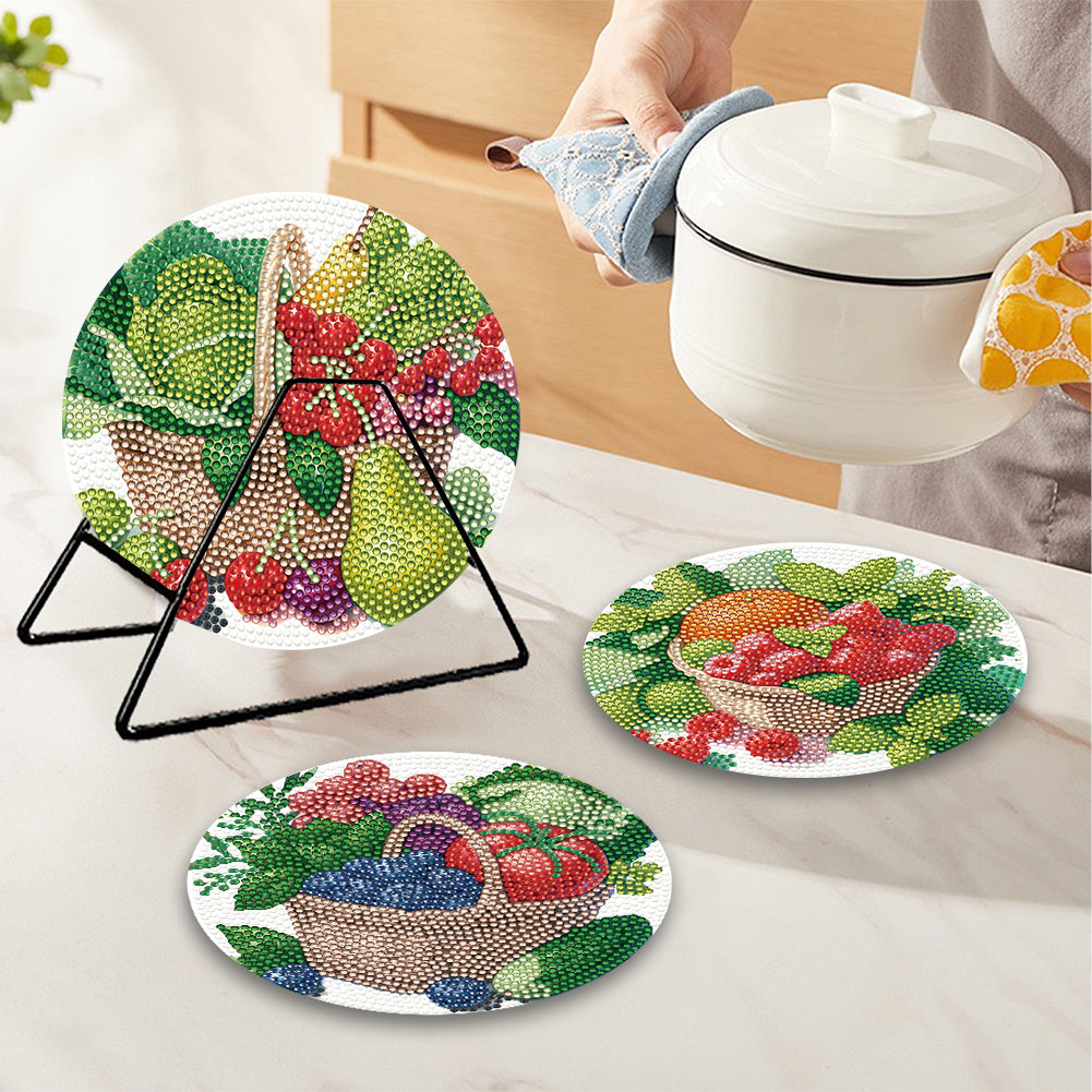 4 Pcs Diamond Painting Coasters Kit with Holder for Dining Tables Decor (Fruit)