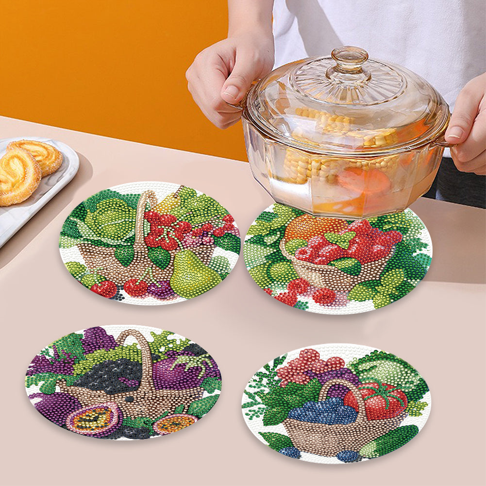 4 Pcs Diamond Painting Coasters Kit with Holder for Dining Tables Decor (Fruit)