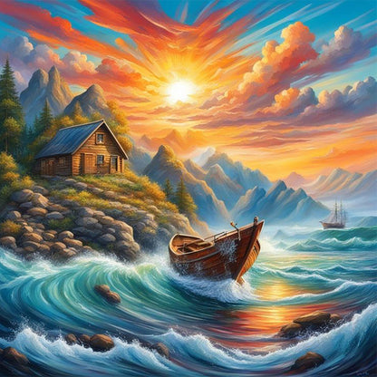 Rising Sun And Lonely Boat On The Sea - Full Round Drill Diamond Painting 30*30CM