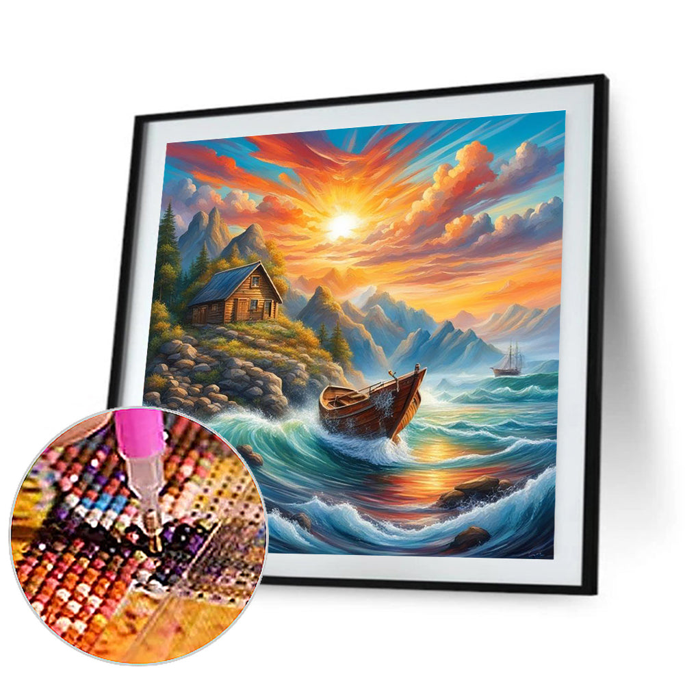 Rising Sun And Lonely Boat On The Sea - Full Round Drill Diamond Painting 30*30CM