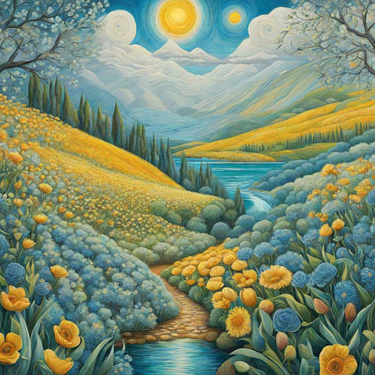 Path In Flower Field - Full Round Drill Diamond Painting 30*30CM