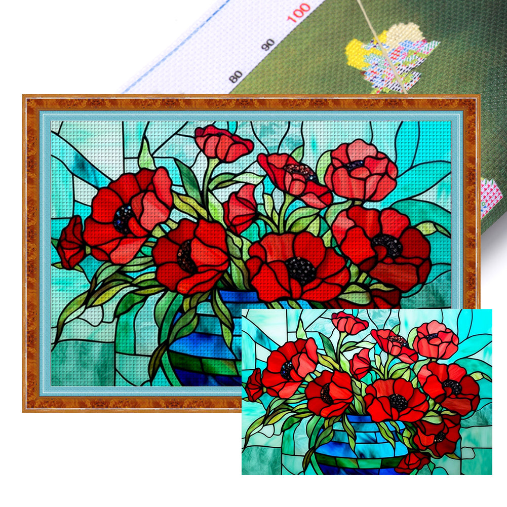 Glass Painting-Poppy Flower - 11CT Stamped Cross Stitch 60*40CM