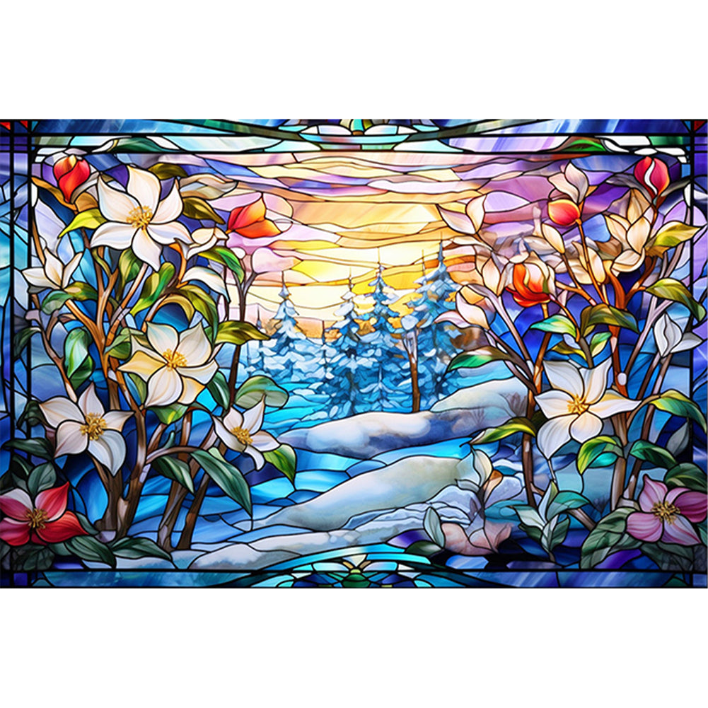 Glass Painting-Flowers - 11CT Stamped Cross Stitch 60*40CM