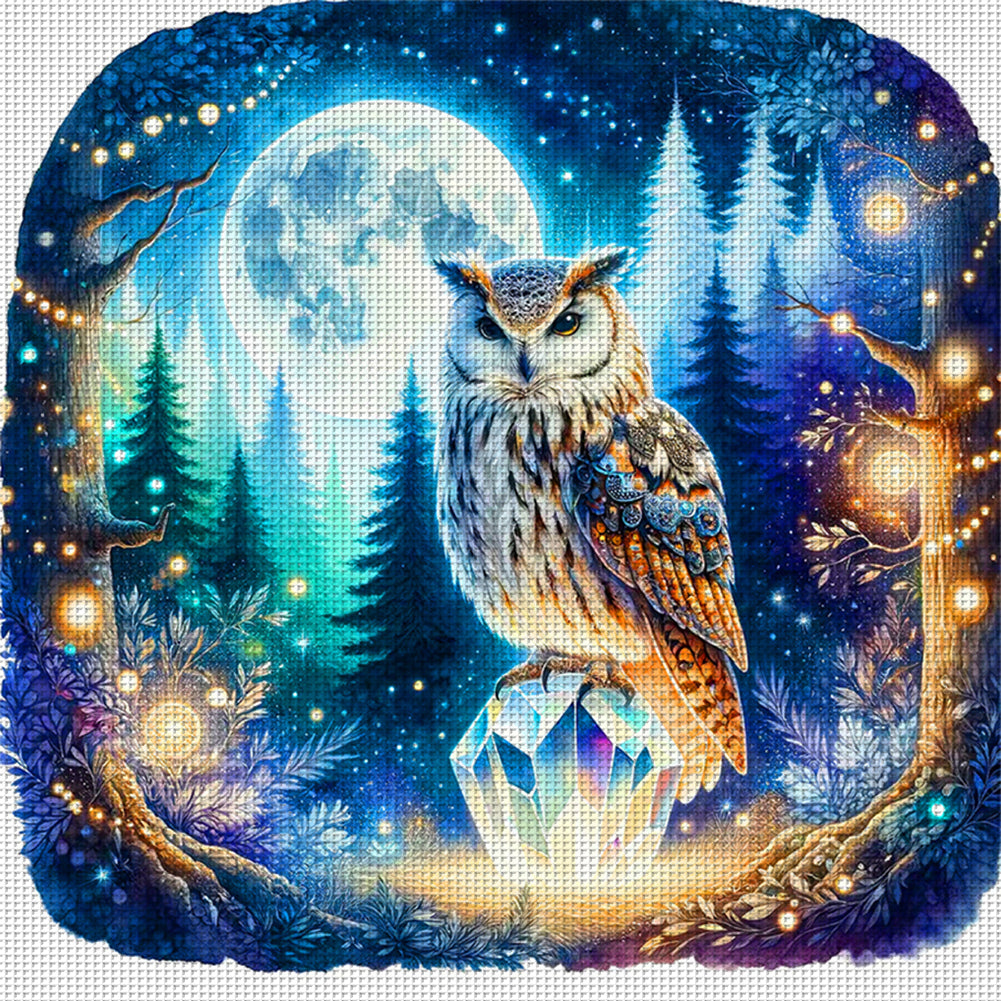 Owl On Gemstone Under Moonlit Night - 11CT Stamped Cross Stitch 40*40CM