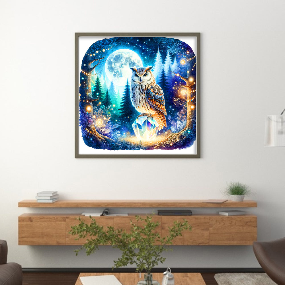 Owl On Gemstone Under Moonlit Night - 11CT Stamped Cross Stitch 40*40CM