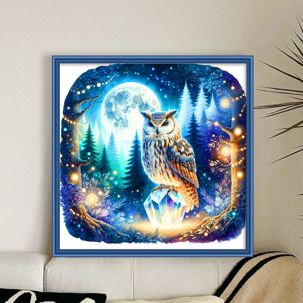 Owl On Gemstone Under Moonlit Night - 11CT Stamped Cross Stitch 40*40CM