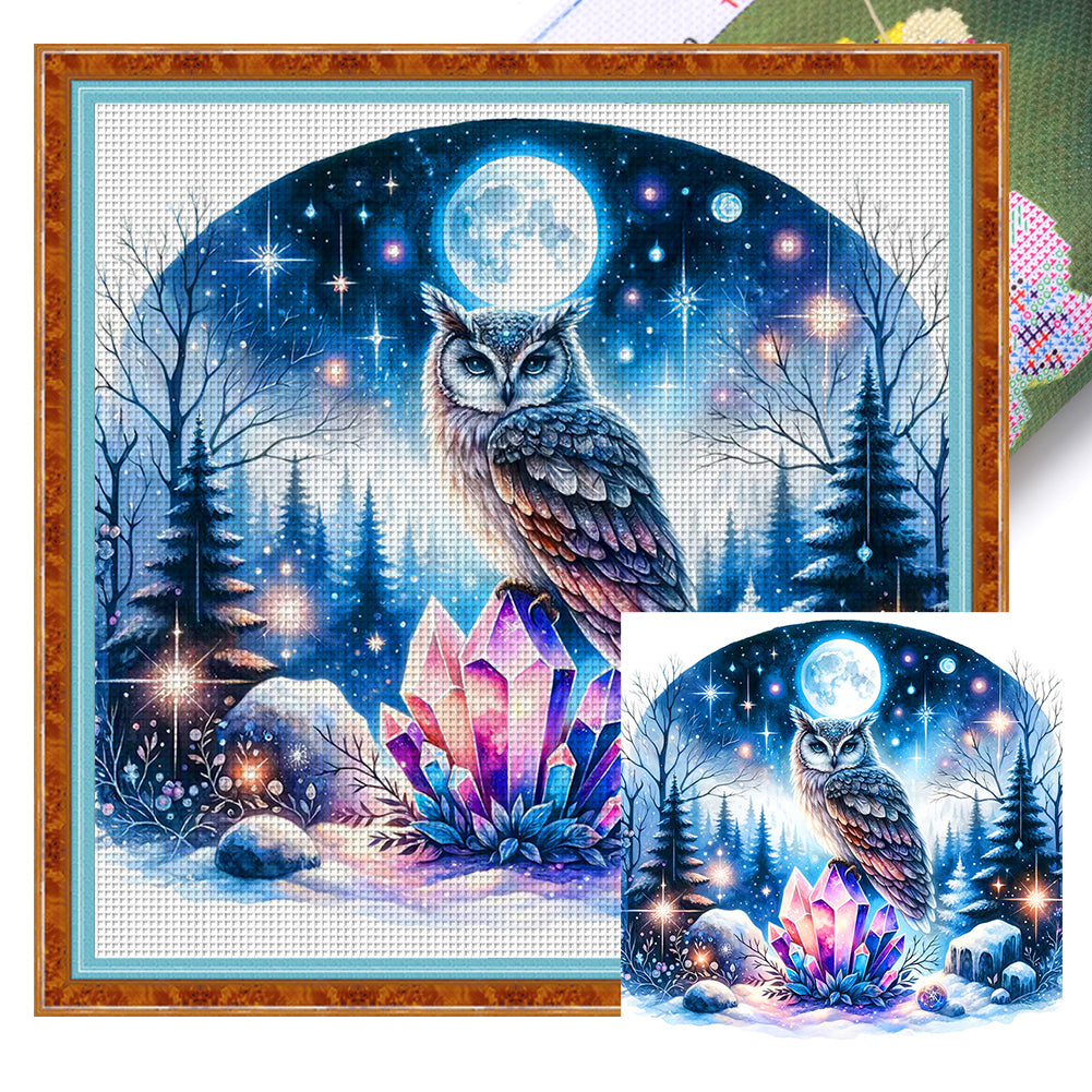 Owl On Gemstone Under Moonlit Night - 11CT Stamped Cross Stitch 40*40CM