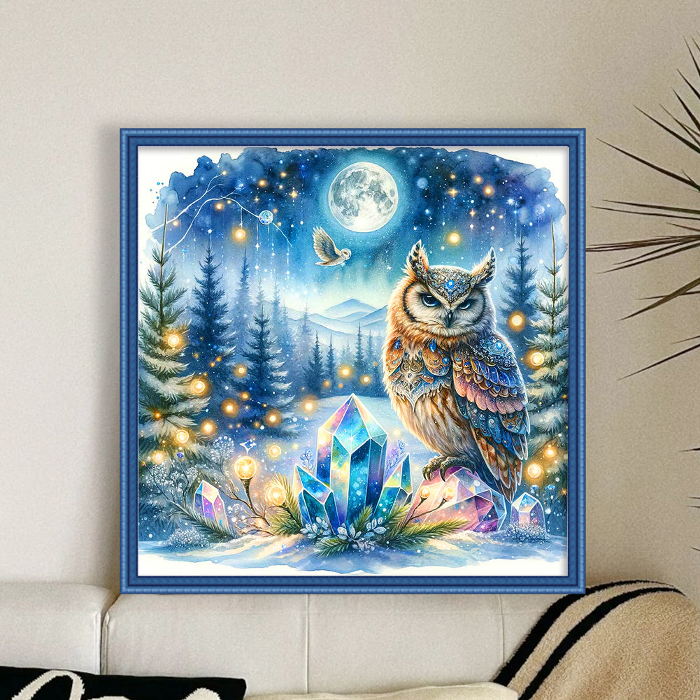 Owl On Gemstone Under Moonlit Night - 11CT Stamped Cross Stitch 40*40CM